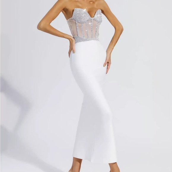 Elegant White Diamond Bodycon Maxi Dress NWT - Picture 5 of 8
